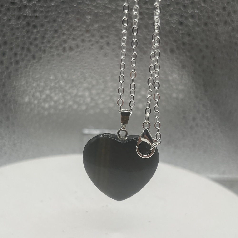 Striped tigers, eye, Heart Pendant Necklace with 24 inch plated, silver chain